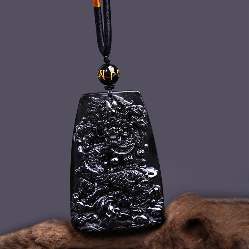 Mythstone Black Obsidian Dragon Carved Luck Protection Necklace Pendant