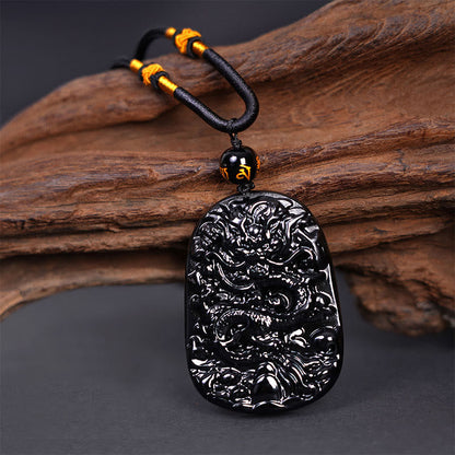 Mythstone Black Obsidian Dragon Carved Luck Protection Necklace Pendant