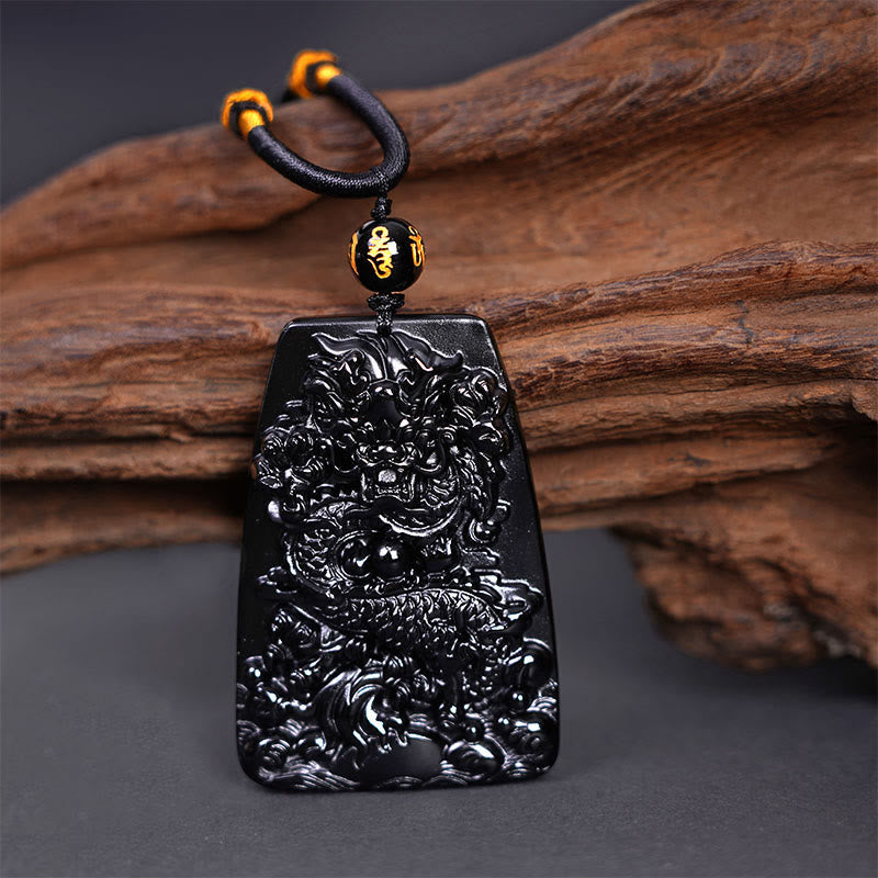 Mythstone Black Obsidian Dragon Carved Luck Protection Necklace Pendant