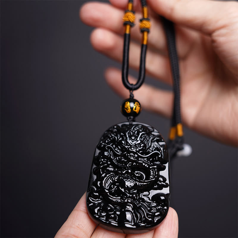 Mythstone Black Obsidian Dragon Carved Luck Protection Necklace Pendant