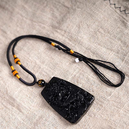 Mythstone Black Obsidian Dragon Carved Luck Protection Necklace Pendant