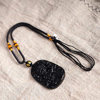 Mythstone Black Obsidian Dragon Carved Luck Protection Necklace Pendant