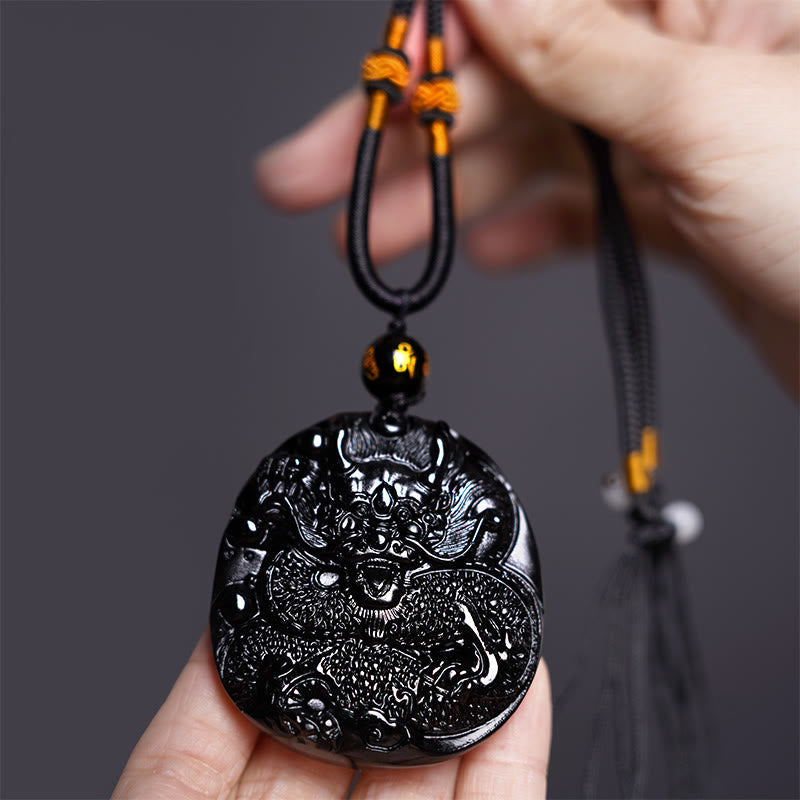 Mythstone Natural Black Obsidian Round Dragon Carved Protection Necklace Pendant