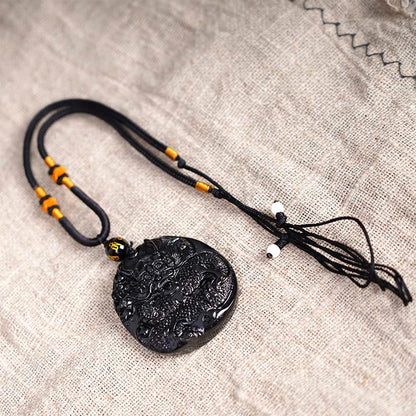 Mythstone Natural Black Obsidian Round Dragon Carved Protection Necklace Pendant