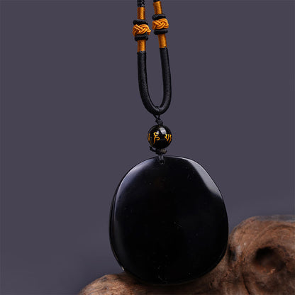 Mythstone Natural Black Obsidian Round Dragon Carved Protection Necklace Pendant