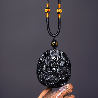 Mythstone Natural Black Obsidian Round Dragon Carved Protection Necklace Pendant