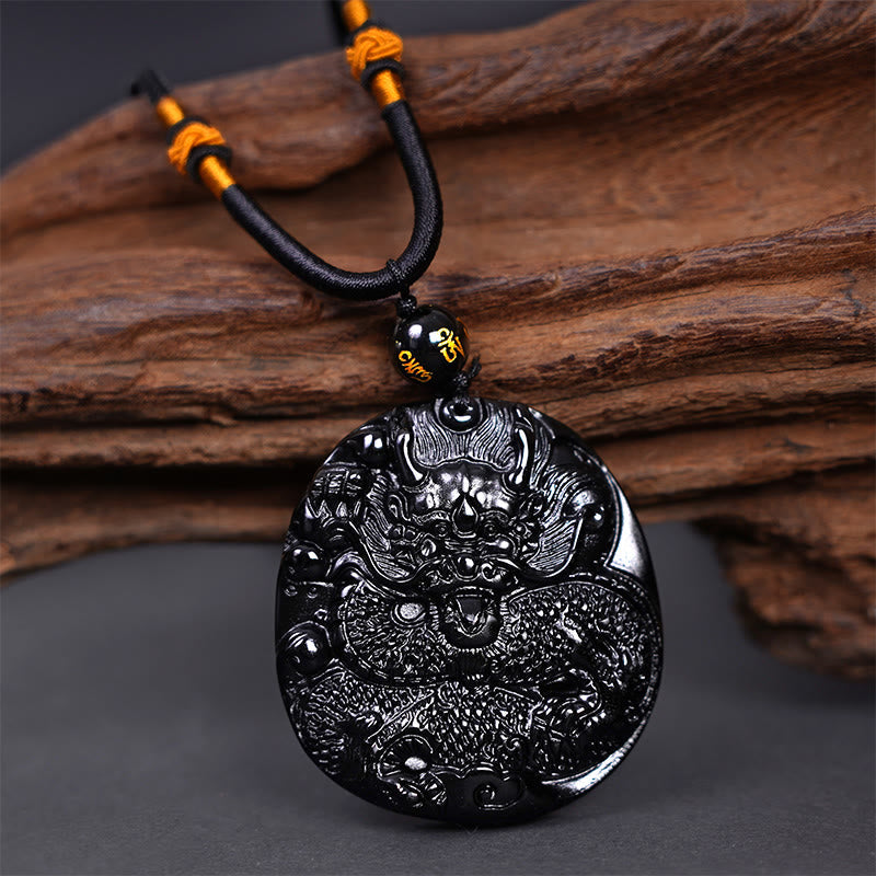 Mythstone Natural Black Obsidian Round Dragon Carved Protection Necklace Pendant