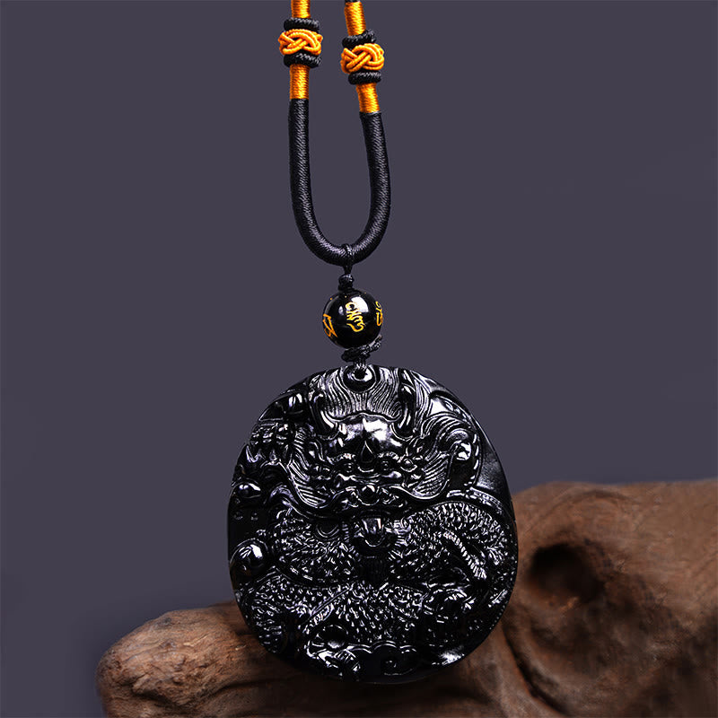 Mythstone Natural Black Obsidian Round Dragon Carved Protection Necklace Pendant