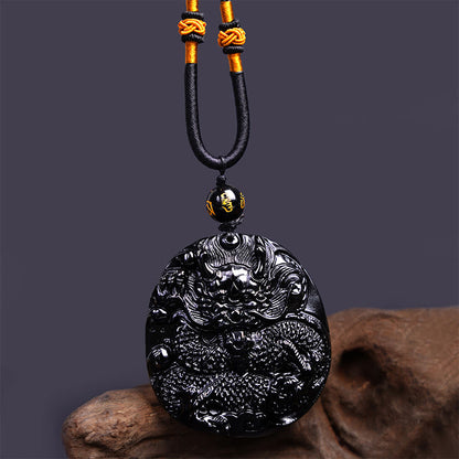 Mythstone Natural Black Obsidian Round Dragon Carved Protection Necklace Pendant