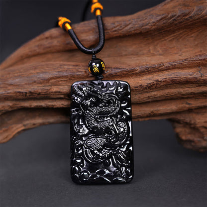 Mythstone Natural Black Obsidian Rectangular Dragon Engraved Success Necklace Pendant