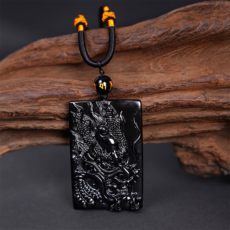 Mythstone Natural Black Obsidian Rectangular Dragon Engraved Success Necklace Pendant