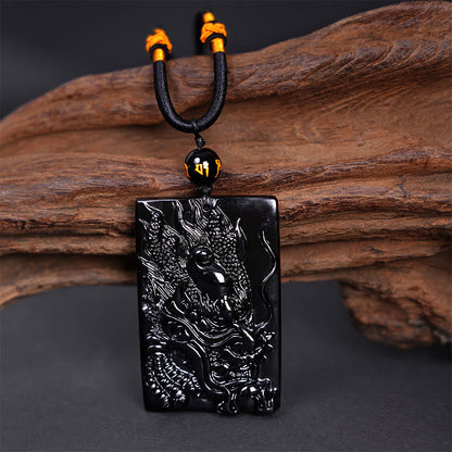 Mythstone Natural Black Obsidian Rectangular Dragon Engraved Success Necklace Pendant