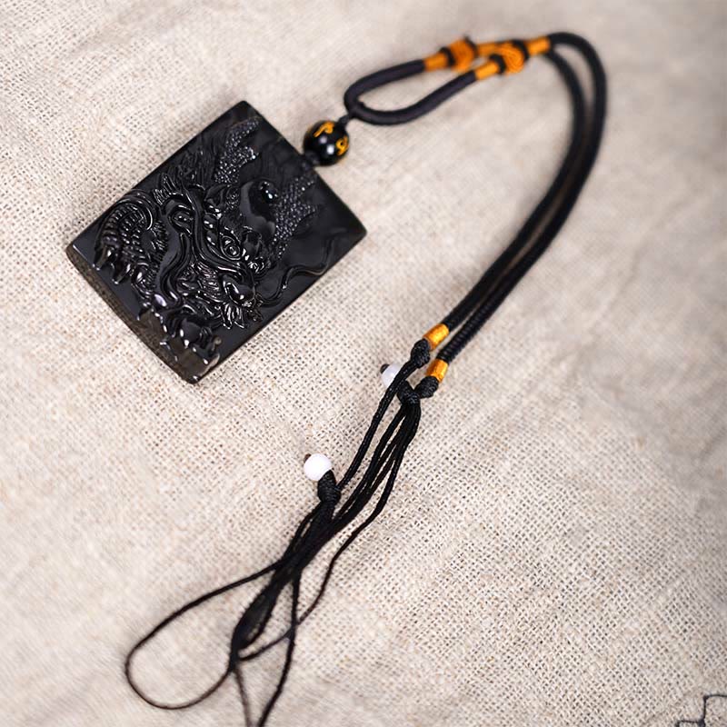 Mythstone Natural Black Obsidian Rectangular Dragon Engraved Success Necklace Pendant