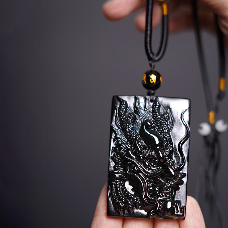 Mythstone Natural Black Obsidian Rectangular Dragon Engraved Success Necklace Pendant