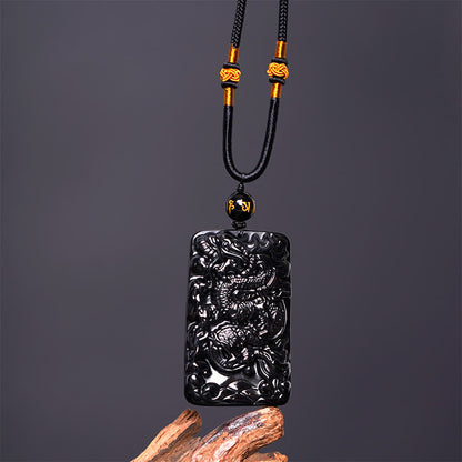 Mythstone Natural Black Obsidian Rectangular Dragon Engraved Success Necklace Pendant