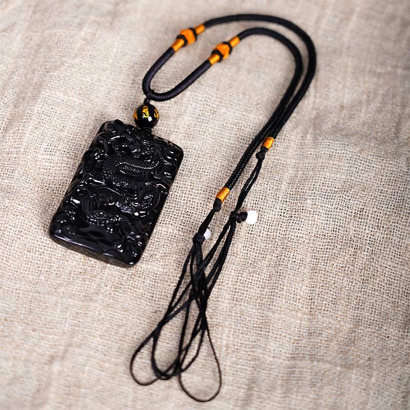 Mythstone Natural Black Obsidian Rectangular Dragon Engraved Success Necklace Pendant