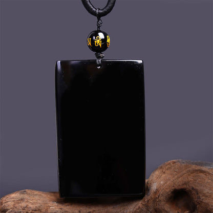 Mythstone Natural Black Obsidian Rectangular Dragon Engraved Success Necklace Pendant