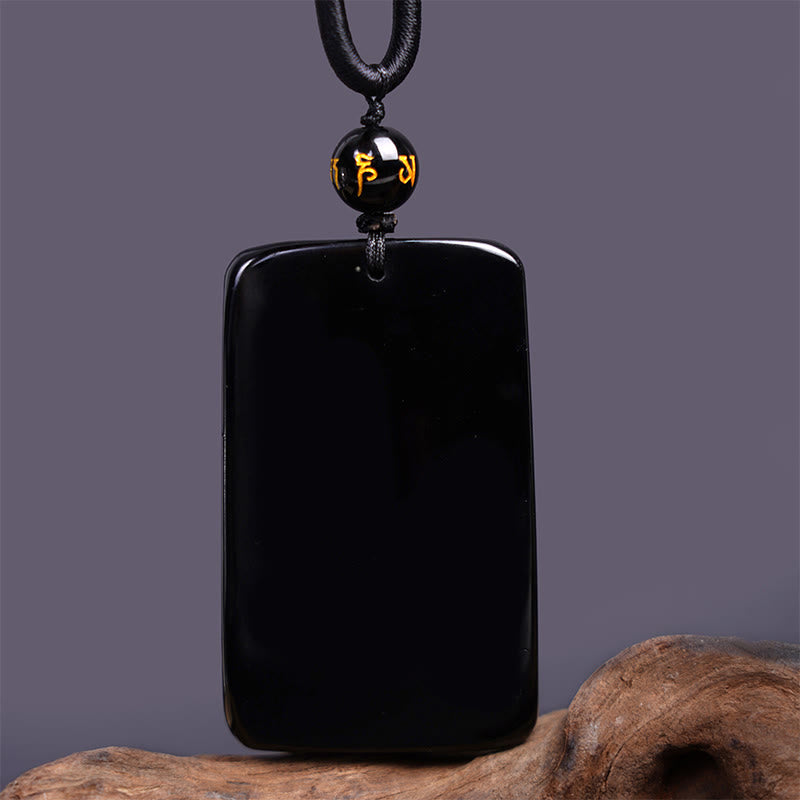 Mythstone Natural Black Obsidian Rectangular Dragon Engraved Success Necklace Pendant