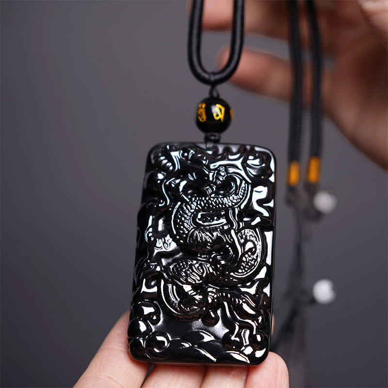 Mythstone Natural Black Obsidian Rectangular Dragon Engraved Success Necklace Pendant