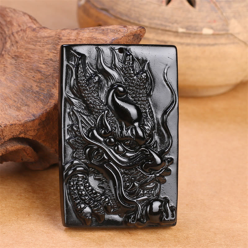 Mythstone Natural Black Obsidian Rectangular Dragon Engraved Success Necklace Pendant