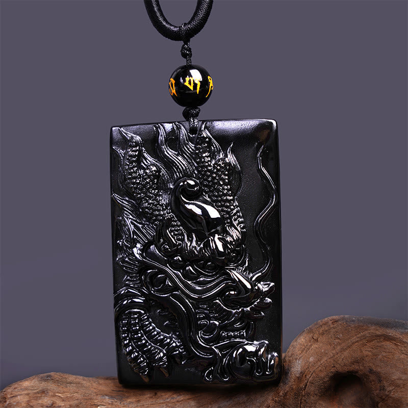 Mythstone Natural Black Obsidian Rectangular Dragon Engraved Success Necklace Pendant