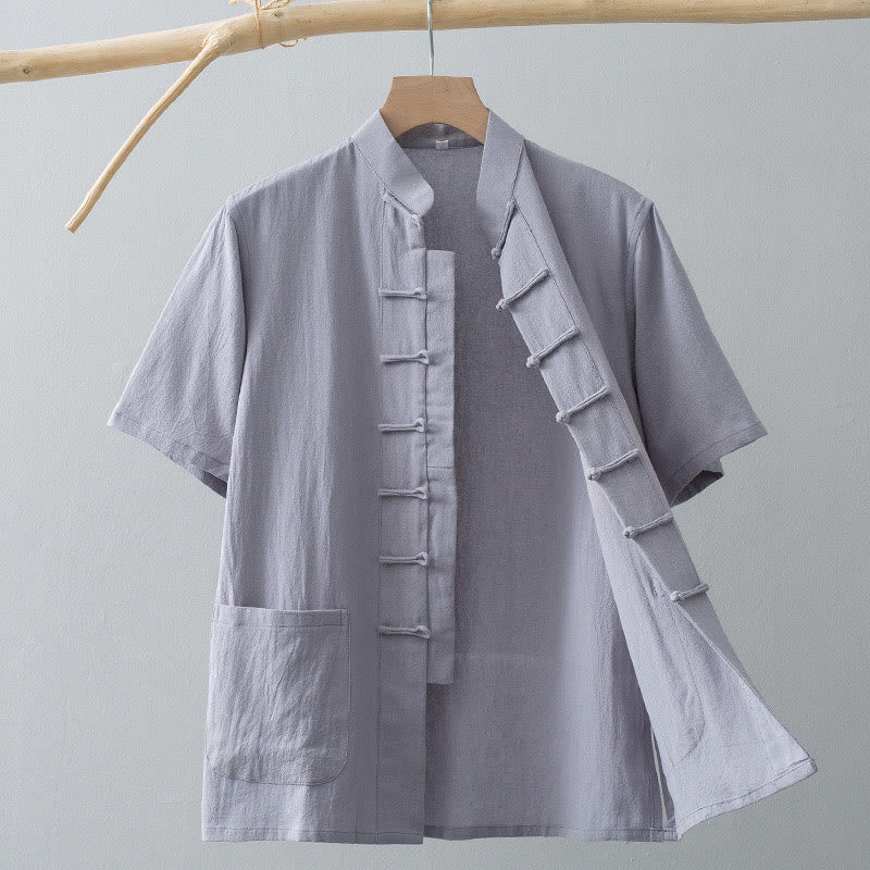 Mythstone Chinese Frog-Button Tang Suit Men's Short Sleeve Shirt Cotton Linen Clothing With Pockets