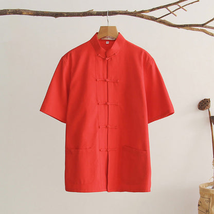 Mythstone Chinese Frog-Button Tang Suit Men's Short Sleeve Cotton Shirt With Pockets