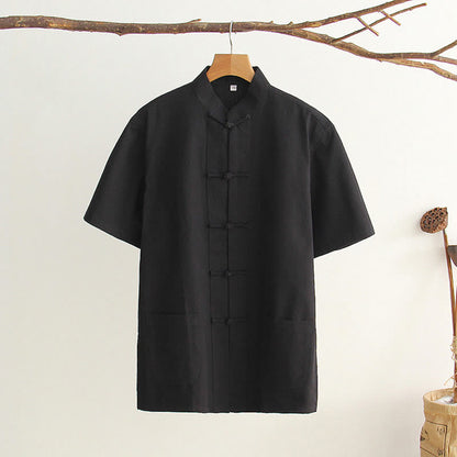 Mythstone Chinese Frog-Button Tang Suit Men's Short Sleeve Cotton Shirt With Pockets