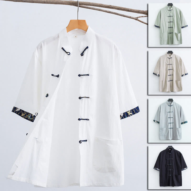 Mythstone Frog-Button Tang Suit Men's Short Sleeve Cotton Shirt White Crane Cuffs Clothing With Pockets