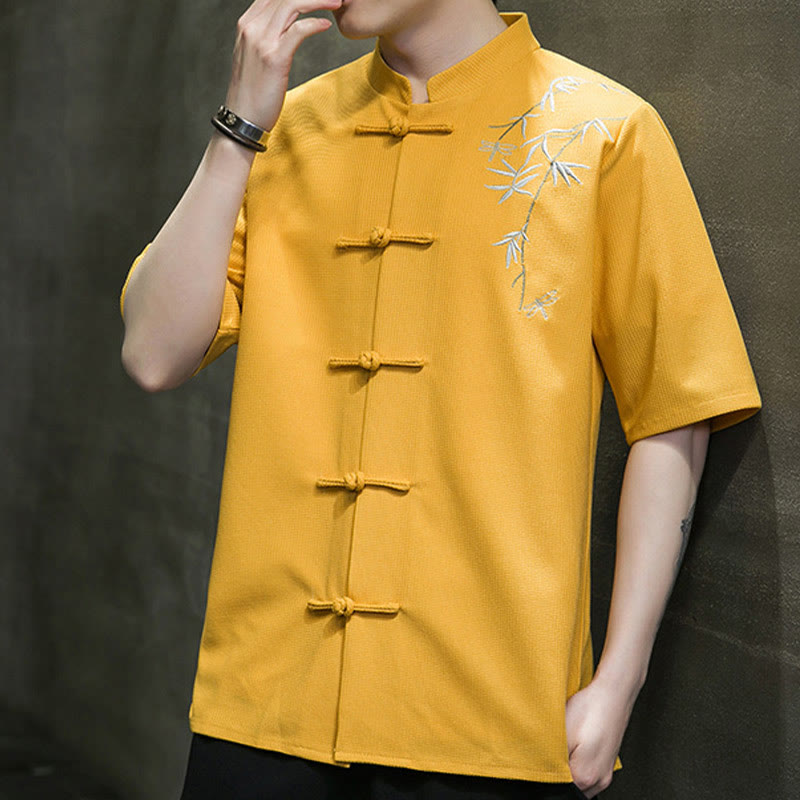 Mythstone Frog-Button Leaf Dragonfly Embroidery Men's Short Sleeve Shirt