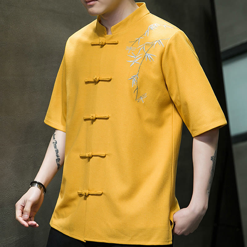 Mythstone Frog-Button Leaf Dragonfly Embroidery Men's Short Sleeve Shirt