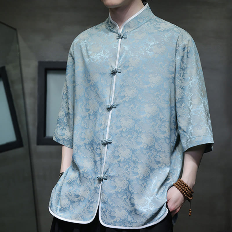 Mythstone Chinese Tang Suit Frog-Button Print Men's Half Sleeve Shirt