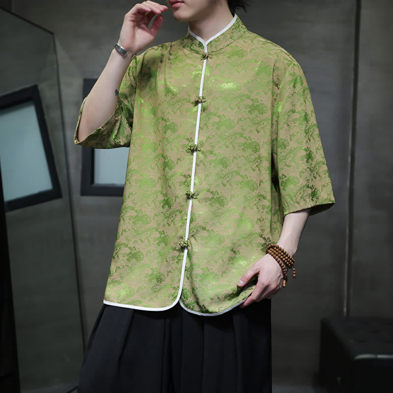 Mythstone Chinese Tang Suit Frog-Button Print Men's Half Sleeve Shirt