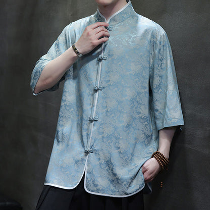 Mythstone Chinese Tang Suit Frog-Button Print Men's Half Sleeve Shirt