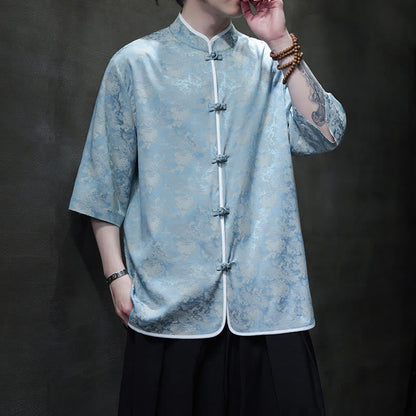 Mythstone Chinese Tang Suit Frog-Button Print Men's Half Sleeve Shirt