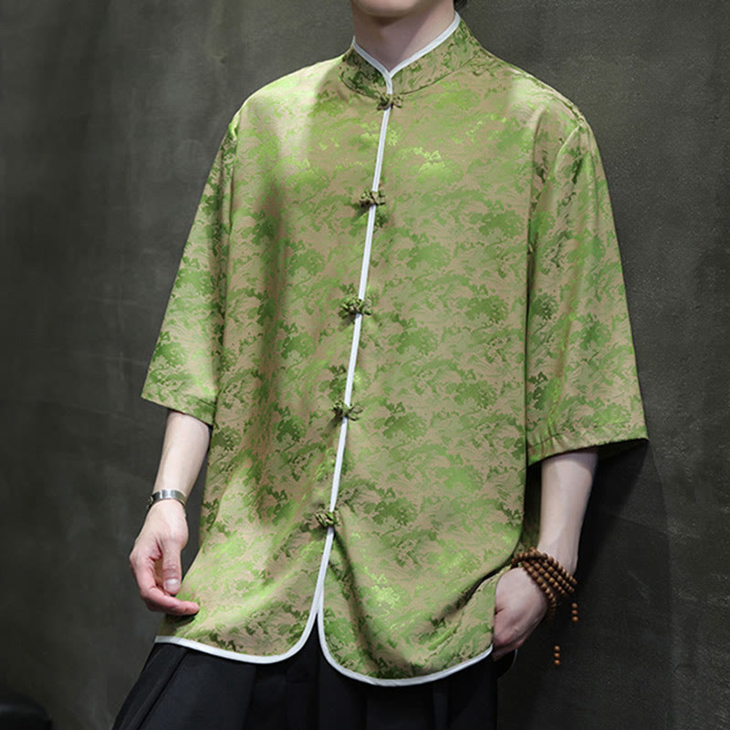 Mythstone Chinese Tang Suit Frog-Button Print Men's Half Sleeve Shirt