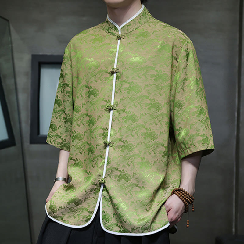 Mythstone Chinese Tang Suit Frog-Button Print Men's Half Sleeve Shirt