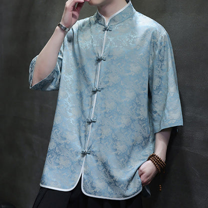 Mythstone Chinese Tang Suit Frog-Button Print Men's Half Sleeve Shirt