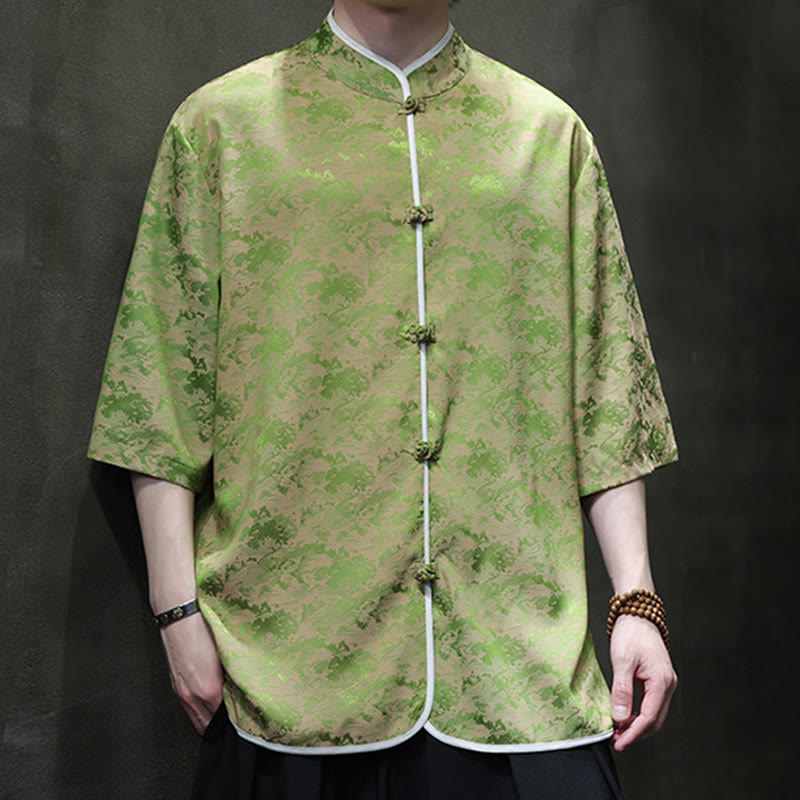 Mythstone Chinese Tang Suit Frog-Button Print Men's Half Sleeve Shirt