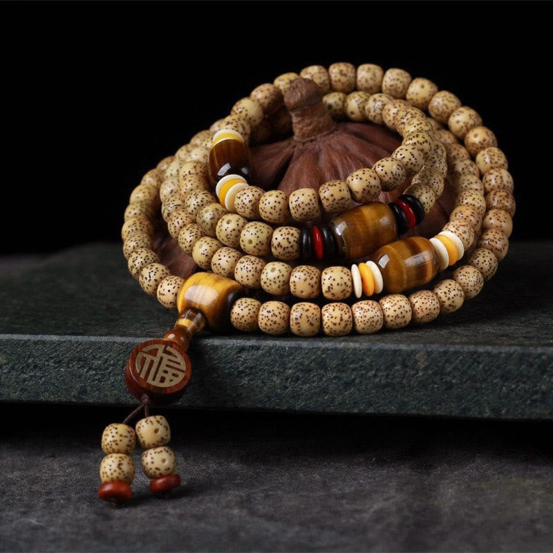 MythStone 108 Mala Beads Bodhi Seed Tiger's Eye Fu Character Peace Bracelet