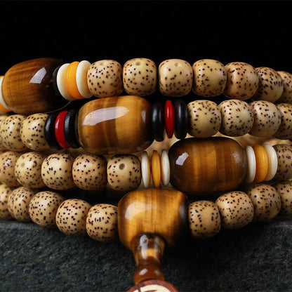 MythStone 108 Mala Beads Bodhi Seed Tiger's Eye Fu Character Peace Bracelet