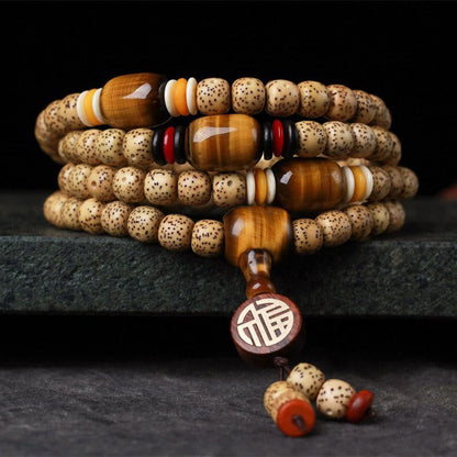 MythStone 108 Mala Beads Bodhi Seed Tiger's Eye Fu Character Peace Bracelet