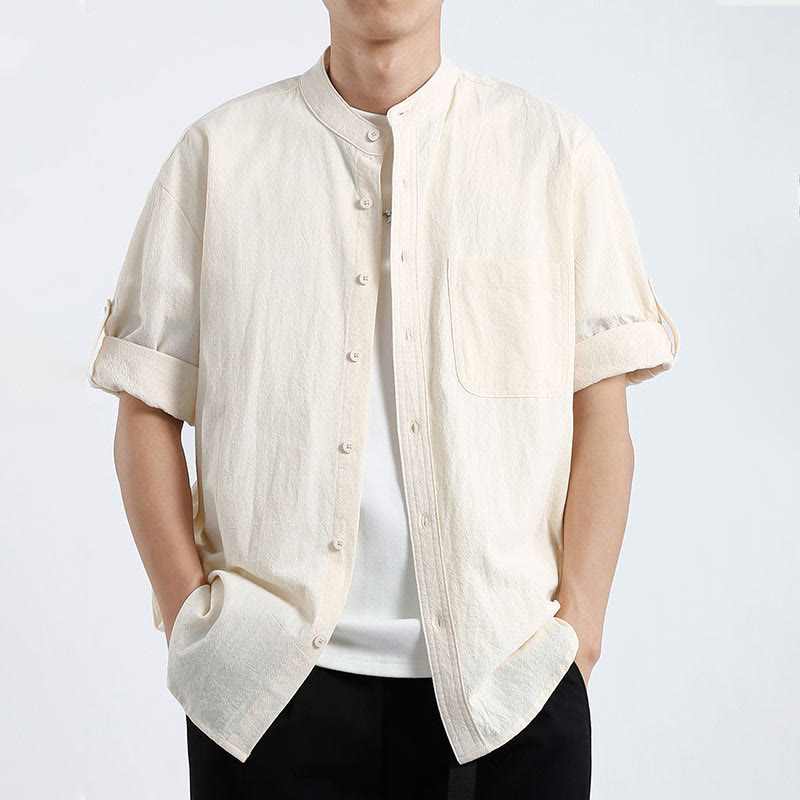 Mythstone Simple Men's Short Sleeve Button Down Cotton Linen Shirt