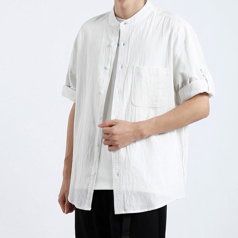 Mythstone Simple Men's Short Sleeve Button Down Cotton Linen Shirt