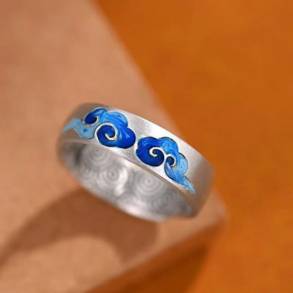 Mythstone Blue Auspicious Clouds Pattern Wealth Copper Adjustable Ring