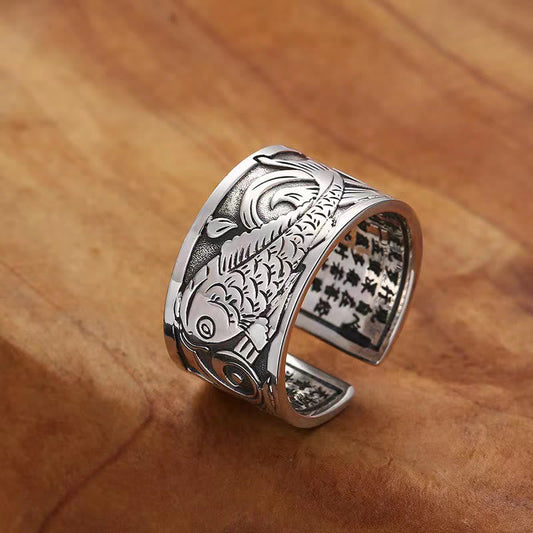 Mythstone Koi Fish Heart Sutra Carved Design Luck Wealth Ring