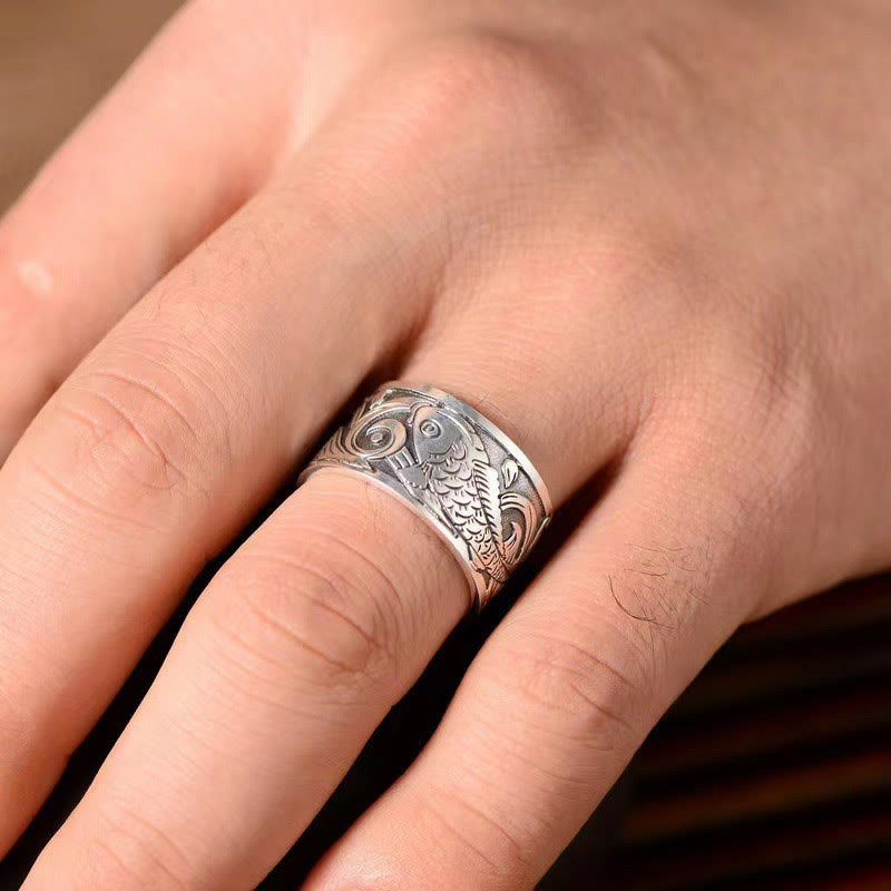 Mythstone Koi Fish Heart Sutra Carved Design Luck Wealth Ring