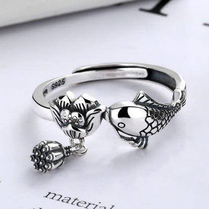 Mythstone 925 Sterling Silver Koi Fish Lotus Flower Success Ring