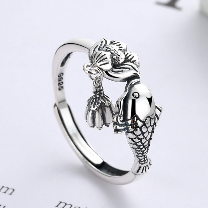 Mythstone 925 Sterling Silver Koi Fish Lotus Flower Success Ring