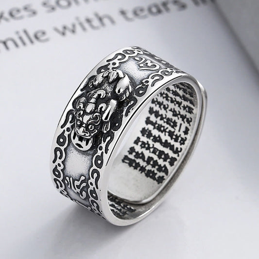 Mythstone 925 Sterling Silver PiXiu Scripture Carved Wealth Adjustable Ring